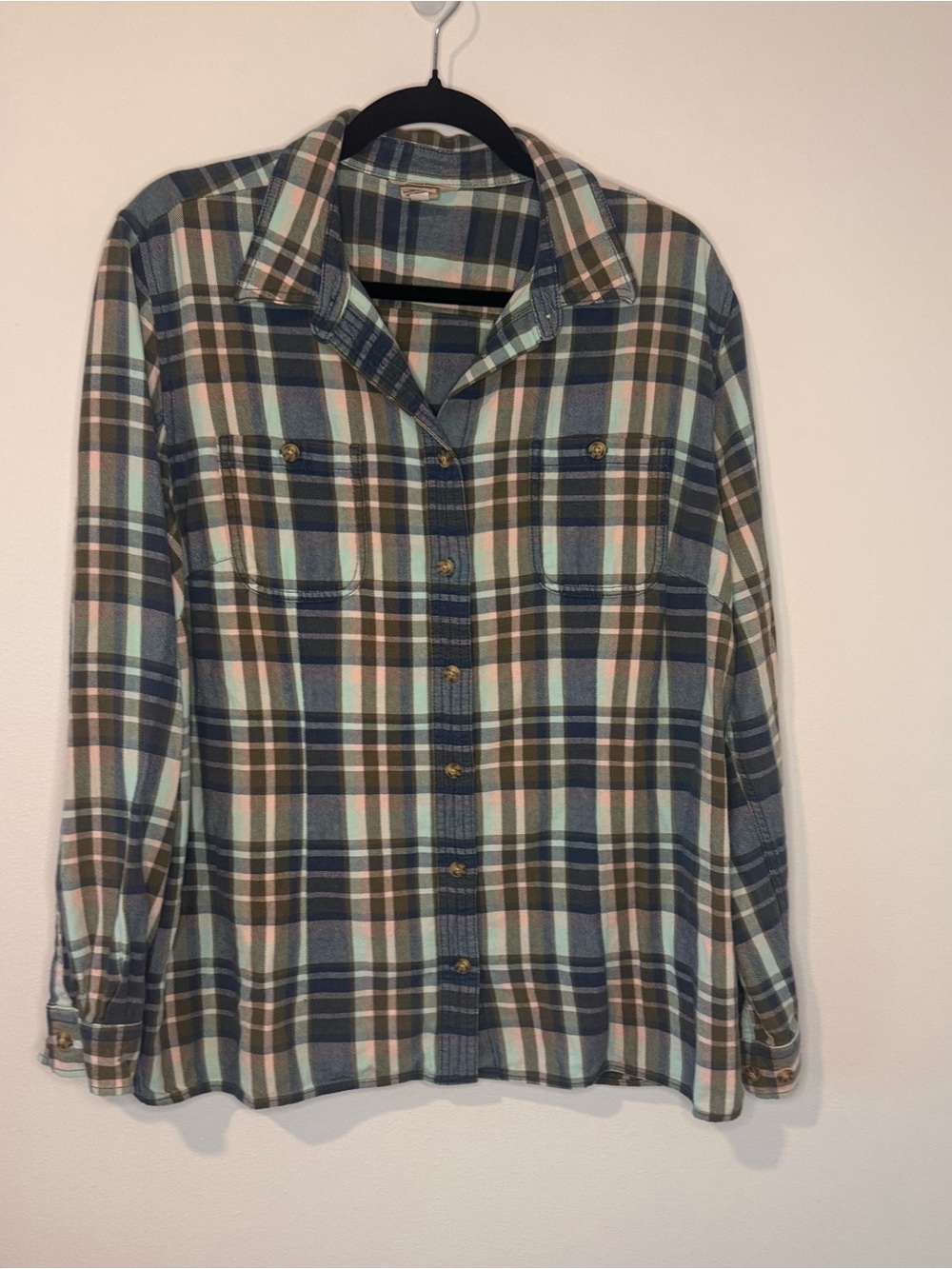 Duluth Trading Co Womens XL Plaid Flannel Shirt Blue Pink Cotton Button Up